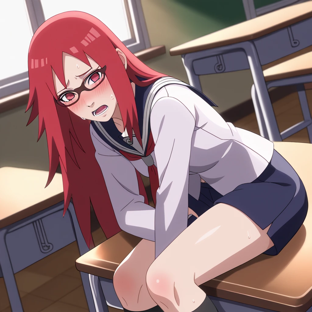 Red hair, 1 Girl, Glasses, Long hair, Red Eyes, Solitary, Sailor Suit, Black over-the-knee stockings, Black shorts, Umbilical cord, Looking at the audience,No students, Japanese cartoons screencap, Japanese cartoons coloring,src_Japanese cartoons,Naruto \(series\), Naruto shippuuden,((blush,nervous,Vision,classroom,bookshelf,sit on the chair,))masterpiece, absurd , (Intricate details), (Colorful), light, Extremely detailed CG Unity 8k wallpaper ,1 Girl, solo,(shy,classroom,night,blush,nervous,Sweating,蕾丝dress, ),sweat,blush,blush1.5,Blush,Medium chest,((dress,Black stockings,)),(dress,Lying in bed,Uncomfortable expression,Mouth open,spit)