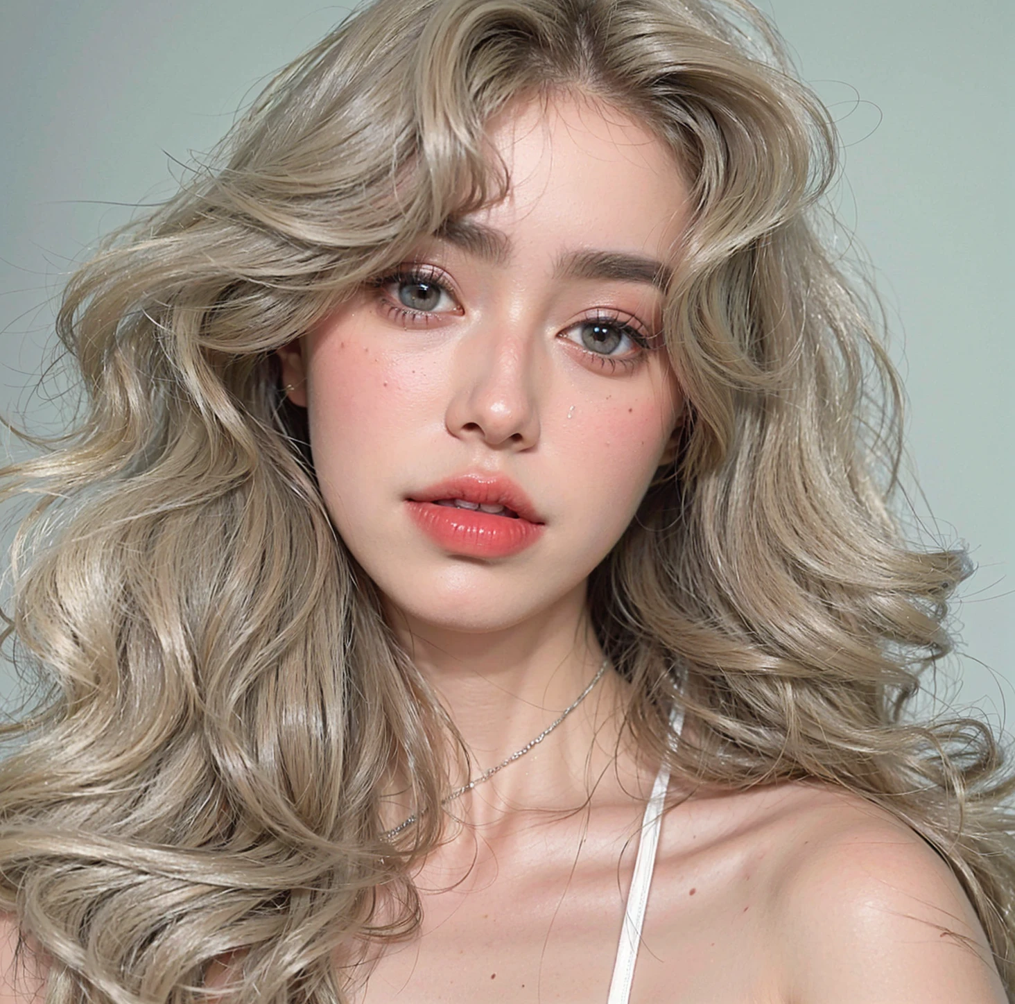 beautiful woman , (Masterpiece),((ultra detailed)), (highly detailed CG illustration),(Expressionless), (Best Quality:1.2),(1 girl:1.2),High quality texture, intricate details, Detailed texture, a realistic representation of the face and person, detailed beautiful delicate face, Beautiful and delicate detailed eyes., eye pupil a face of perfect proportions, depth of field, perspective,20 years, thin face, (large eyes:1.2),blush,bright lips, perfect body, Skinny body, (narrow waist:1.3), medium chest, distinct_image, (shiny and pale skin), focus on the face , (Long curly blonde hair ), (beautiful finely detailed eyes and detailed face), (by white ), contrast ((wide)) foxy eyes, pelo blanco