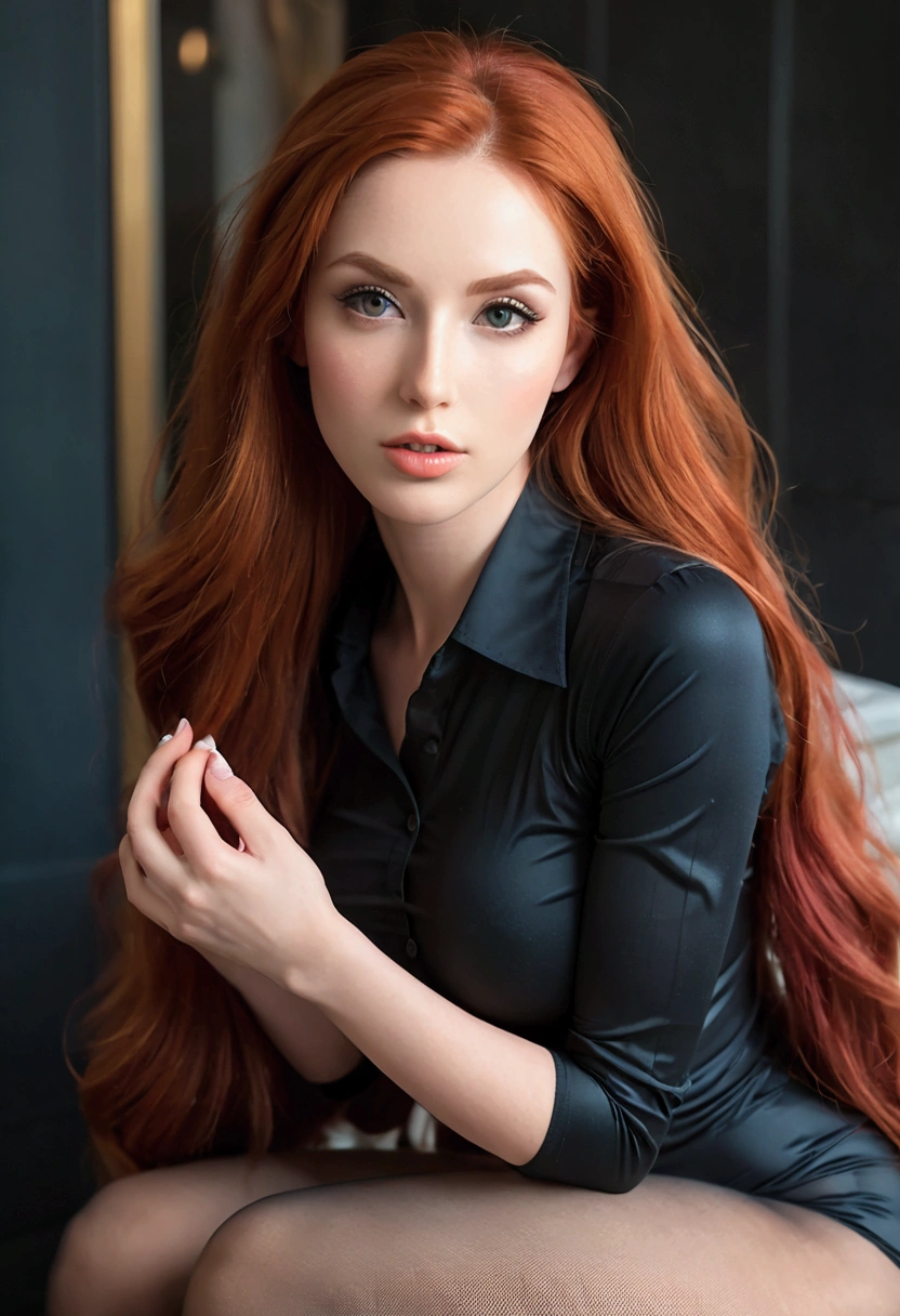ultra realistic, photography, long red hair, girl, 24 years old, hourglass figure, perfect body, Flirty look, extremely detailed artgerm, in the style artgerm, facing the camera, lens 35 mm, blur background, professional, (4k photo:1.1), (Arian Mark:0.3), (Sharp focus:1.3), high detail (front view), wearing (tight shirt:1.2), tight micro skirt, shiny tights, (beautiful detailed face), (seductive:1.1), (blushing:1.1), full body with visible face, long seductive legs, show legs, show her legs, long legs, touching her legs, caressing her legs