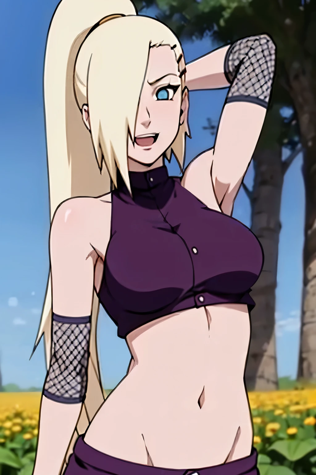 (Purple clothes), Ino yamanaka, ultra details, ultra detailed hair, looking at the viewer, bare shoulders, gorgeous, attractive, groin, cowboy shot, ultra detailed face, (ultra detailed body:1.2), sunny day, day time, shiny skin, upper body view, anime style, solo, detailed flower field, blonde, (focus on body), ((one eye covered with hair, hair over eye, ponytail)), (medium breasts:1.2), belly button, looking at the viewer, thick arms, (off-shoulders, wide shoulders, curving body), hidden eye, smile, open mouth, one hair clip, very happy, tall, sharp look, sharp face, sharp eye, cold colors,
