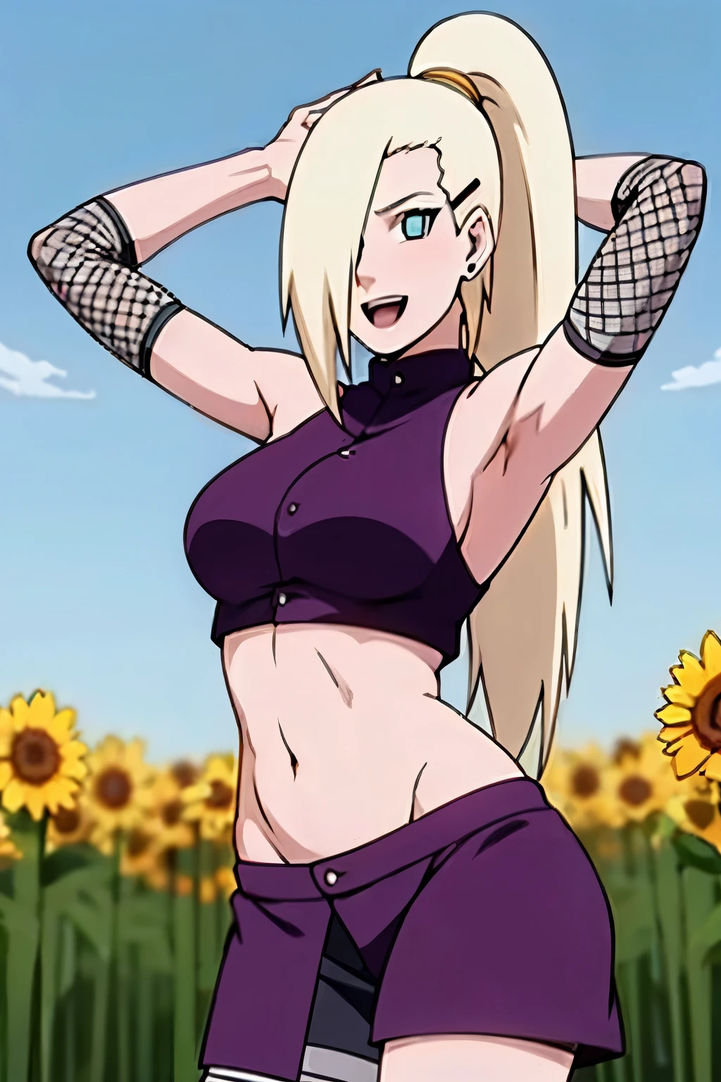 (Purple clothes), Ino yamanaka, ultra details, ultra detailed hair, looking at the viewer, bare shoulders, gorgeous, attractive, groin, cowboy shot, ultra detailed face, (ultra detailed body:1.2), sunny day, day time, shiny skin, upper body view, anime style, solo, detailed flower field, blonde, (focus on body), ((one eye covered with hair, hair over eye, ponytail)), (medium breasts:1.2), belly button, looking at the viewer, thick arms, (off-shoulders, wide shoulders, curving body), hidden eye, smile, open mouth, one hair clip, very happy, tall, sharp look, sharp face, sharp eye, cold colors,
