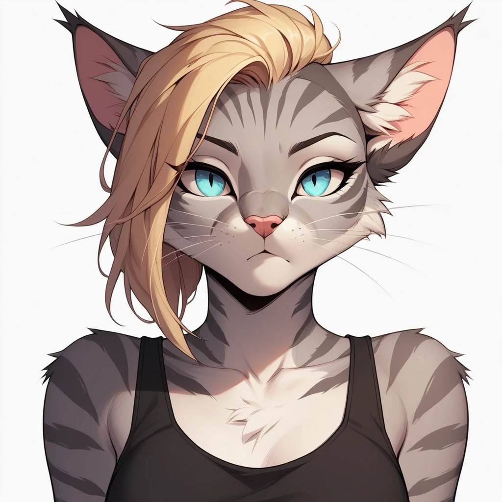 score_9,score_8_up,score_7_up, score_6_up, score_5_up, source_cartoon, flat colors, no shading, Kat, Anthro furry feline, silver fur, grey stripes on body, blue eyes, long blonde hair, undercut hair, pink nose, :3, wearing black tank top, exaggerated expression, upper body shot, mouth ,closed, eyes half open, jitome, expressionless, (looking to her left):2, cowboy shot, upper body shot, bored, simple white background,