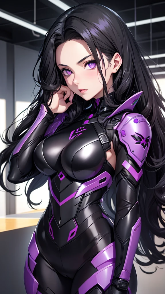 A woman with wavy black hair and purple eyes, black alien armor, parts, blush, shadow, Beautiful face