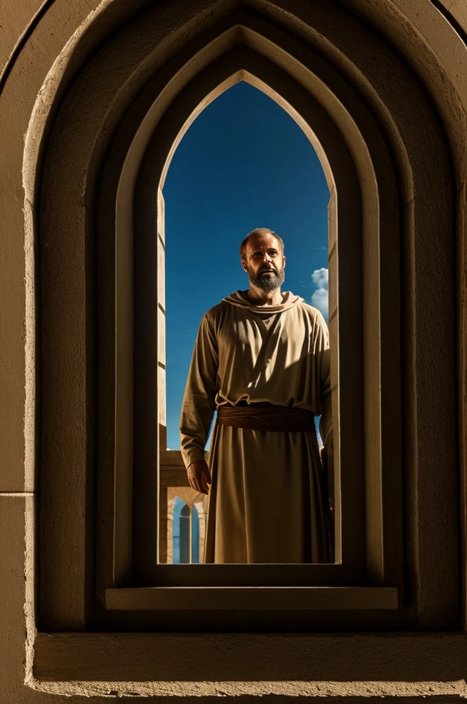 Make the apostle Paul in a prison and have the prison have a window where you can see the silhouette of God watching him