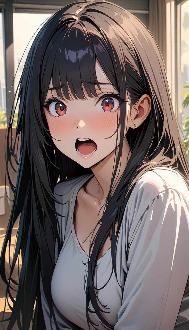 20 years old ,masterpiece , modern, Verism, masterpiece, super detail, best quality, 4K , A beautiful woman, black hair, long hair,  She has his mouth wide open, showing a very surprised expression.
