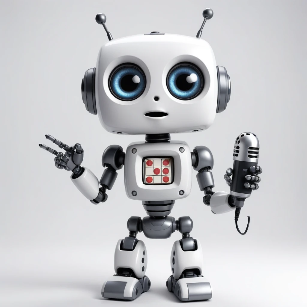 「Lost in the digital world」、A cartoon-style robot with a dice motif,A cute robot、Big eyes,antenna,Electronic display panel on chest、Holding the microphone close to his mouth while speaking、whole body、Background is white、