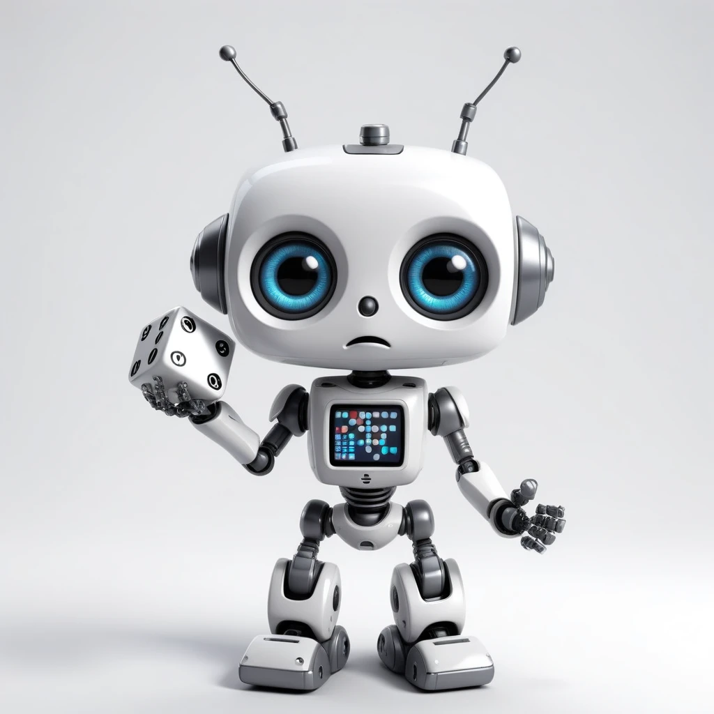 「Lost in the digital world」、A cartoon-style robot with a dice motif,A cute robot、Big eyes,antenna,Electronic display panel on chest、Holding the microphone close to his mouth while speaking、whole body、Background is white、