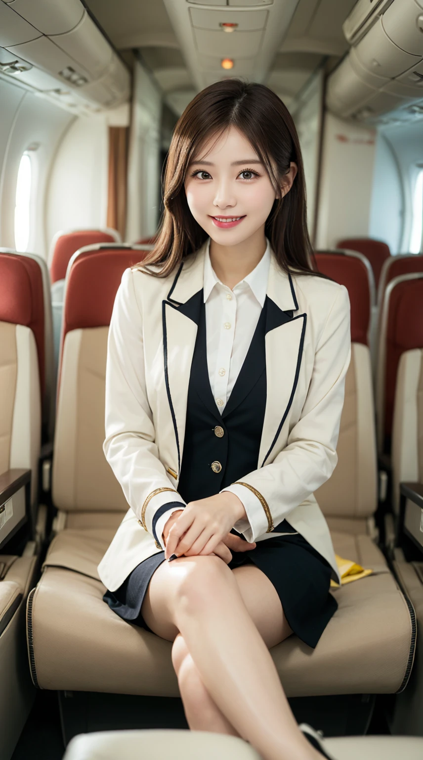 highest quality、table top、8k、best image quality、Award-winning work), two beautiful women、radiant beautiful skin , masterpiece、top-quality、The ultra -The high-definition、depth of fields、lens flare 1 girl、、brown hair, watching at viewers glares, large breasts , stewardess uniform, ( ivory stewardess blazer:1.3), shirt, ivory short skirt, (white high heels), perfect legs, sitting, crossed legs, view from below, smiling , flight cabin