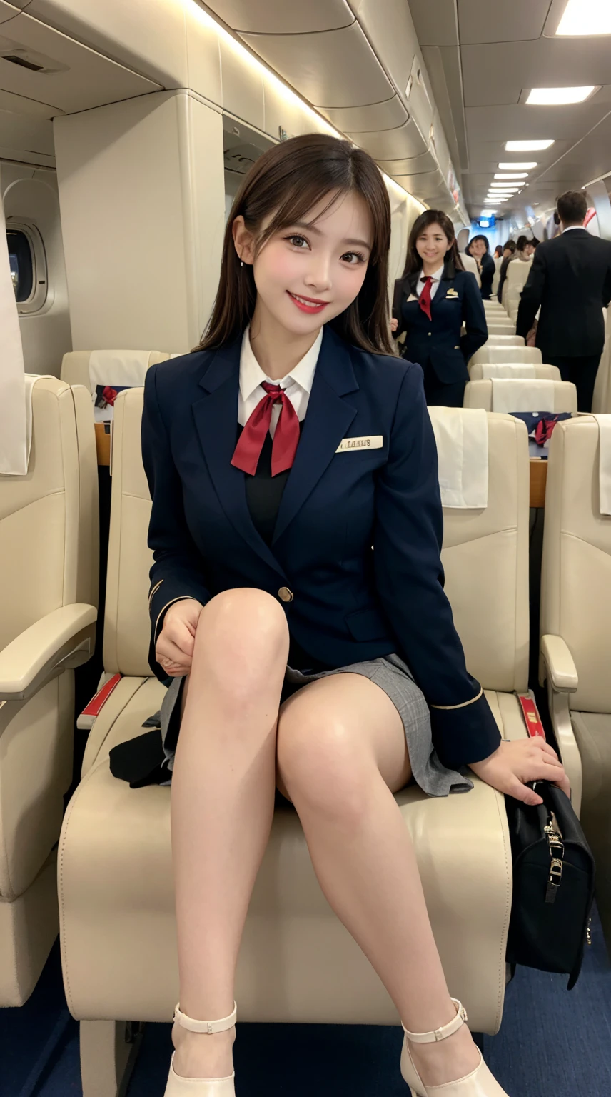 ​highest quality、table top、8k、best image quality、Award-winning work), two beautiful women、radiant beautiful skin , masterpiece、top-quality、The ultra -The high-definition、depth of fields、lens flare 1 girl、、brown hair, watching at viewers glares, large breasts , stewardess uniform, ( ivory stewardess blazer:1.3),  shirt, ivory short  skirt, (white high heels), perfect legs, sitting, crossed legs, view from below, smiling , flight cabin
