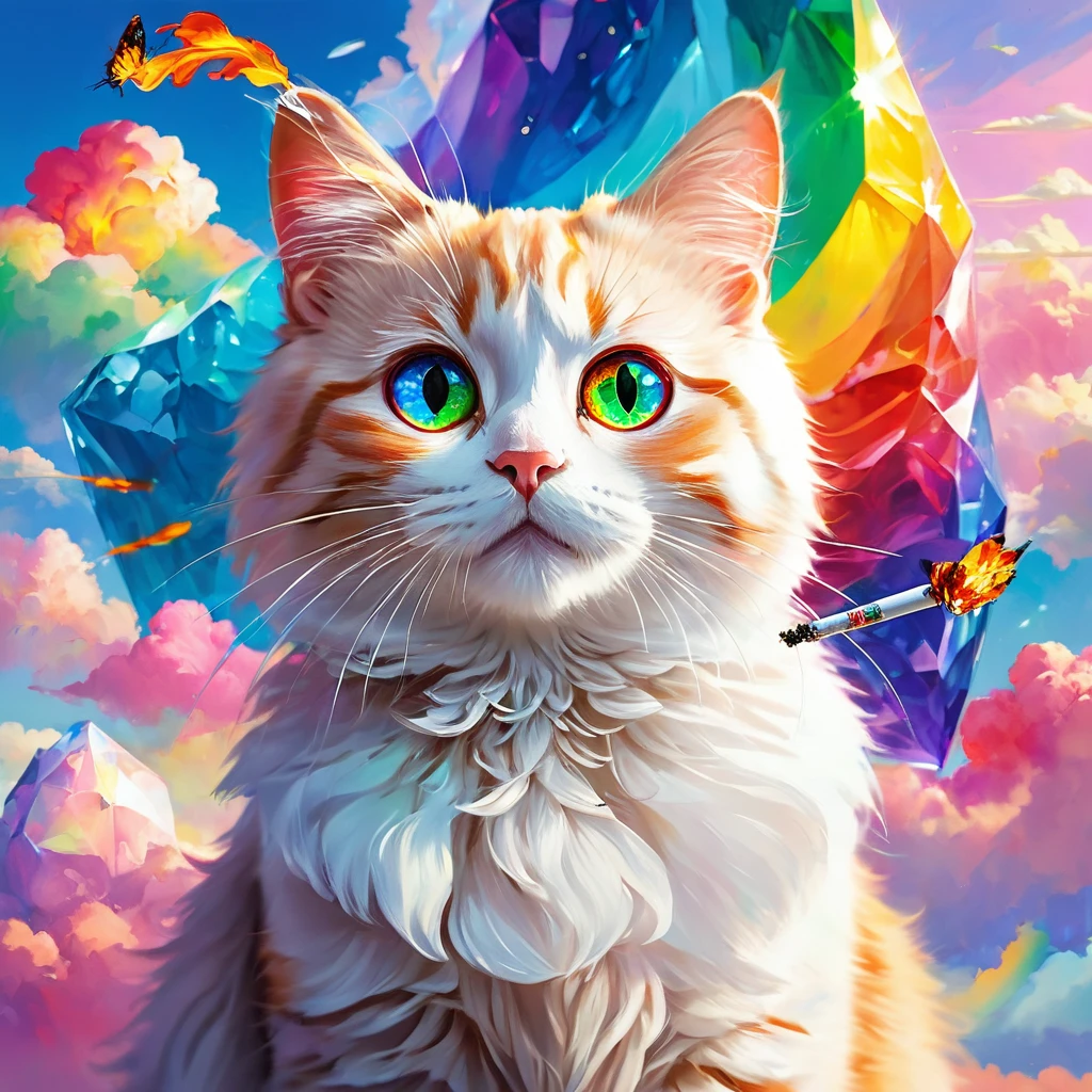 (((masterpiece))), ((Very detailed)), Cute abstract style, cigarette, In the sky, Colorful and vibrant, Mysterious colors, modern impressionism, Portrait of Yanjun Chen, Rainbow Perspective , Expanding Swirling Configuration, Big beautiful crystal eyes, Big Iris, 超High resolution, High resolution, 8k, The most beautiful portraits in the world, Little cat, Non-expressive, Color and shape, emotional expression, Imaginative