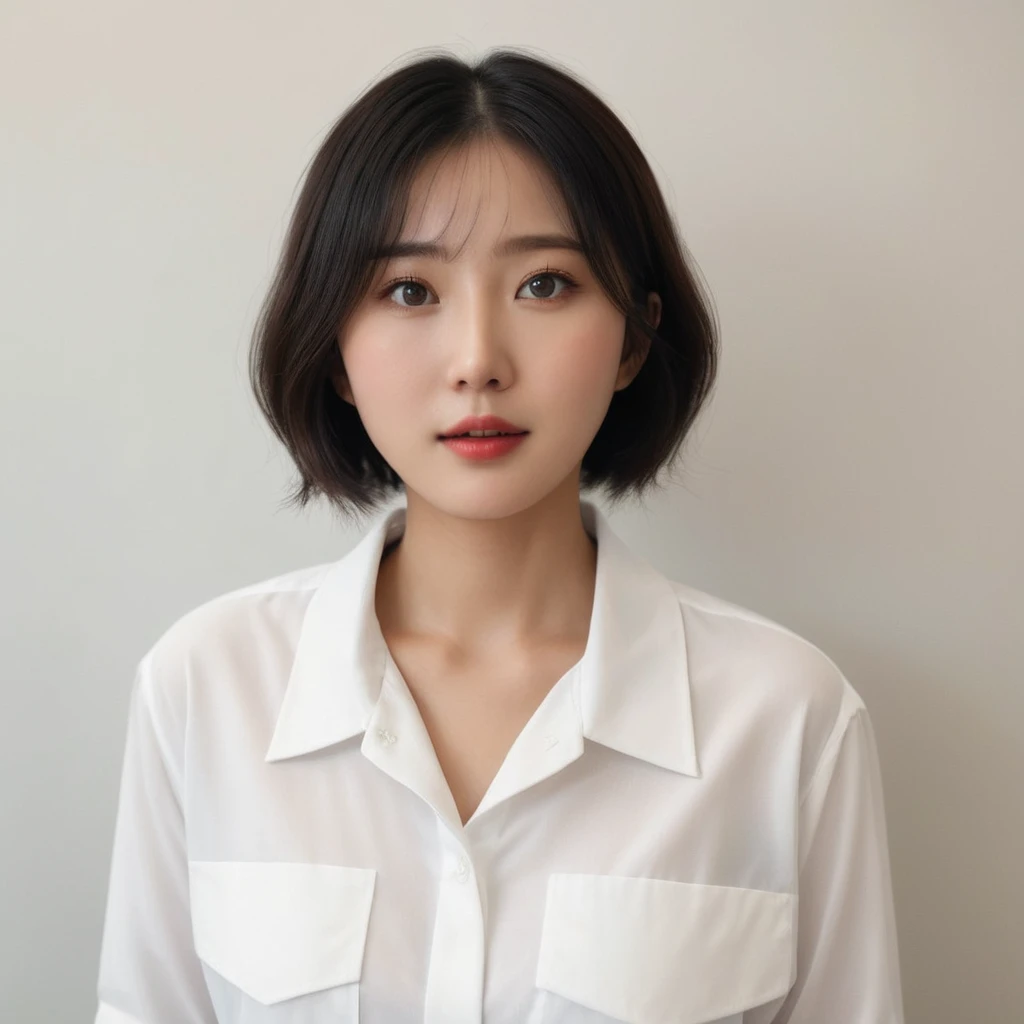 Best Quality, 8k, Masterpiece, (Portrait: 1.3), (photo realistic:1.4), (hyper realistic:1.4), Sharp Focus, looking at viewer, (smoother lighting:1.1), (increase cinematic lighting quality:0.9), realistic lighting, backlighting, light on face, ray trace, (brightening light:1.2), (Increase quality:1.4), sharp detail, (best quality real texture skin:1.4), finely detailed eyes, black_eyes, finely detailed face, 25 year old Korean woman, (white formal_shirt:1.4), (Create an image maintaining the original base model hairstyle:1.5)