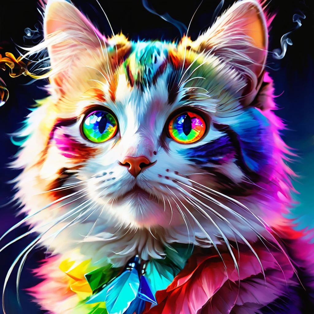 (((masterpiece))), ((Very detailed)), Cute abstract style, cigarette, In the sky, Colorful and vibrant, Mysterious colors, modern impressionism, Portrait of Yanjun Chen, Rainbow Perspective , Expanding Swirling Configuration, Big beautiful crystal eyes, Big Iris, 超High resolution, High resolution, 8k, The most beautiful portraits in the world, Little cat, Non-expressive, Color and shape, emotional expression, Imaginative