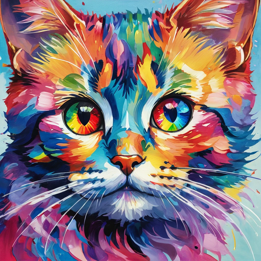 (((masterpiece))), ((Very detailed)), Cute abstract style, cigarette, In the sky, Colorful and vibrant, Mysterious colors, modern impressionism, Portrait of Yanjun Chen, Rainbow Perspective , Expanding Swirling Configuration, Big beautiful crystal eyes, Big Iris, 超High resolution, High resolution, 8k, The most beautiful portraits in the world, Little cat, Non-expressive, Color and shape, emotional expression, Imaginative