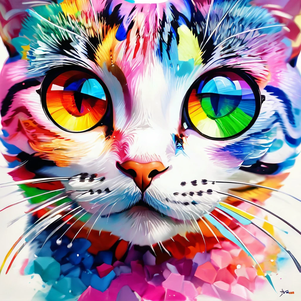 (((masterpiece))), ((Very detailed)), Cute abstract style, cigarette, In the sky, Colorful and vibrant, Mysterious colors, modern impressionism, Portrait of Yanjun Chen, Rainbow Perspective , Expanding Swirling Configuration, Big beautiful crystal eyes, Big Iris, 超High resolution, High resolution, 8k, The most beautiful portraits in the world, Little cat, Non-expressive, Color and shape, emotional expression, Imaginative