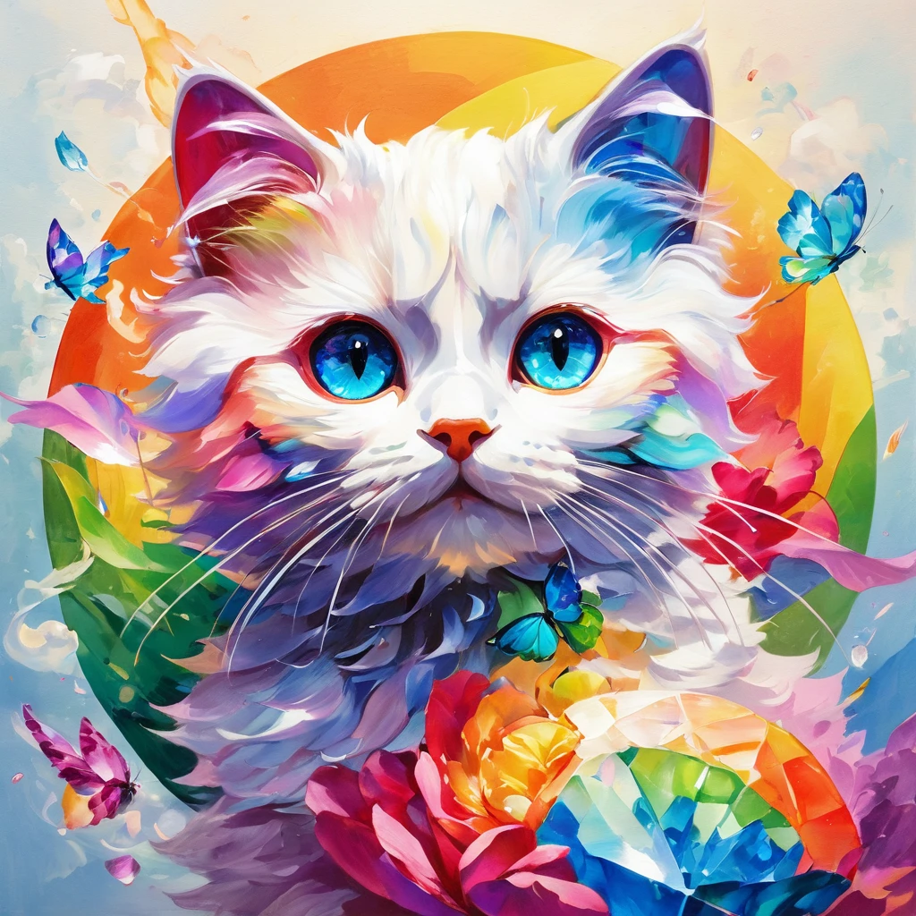 (((masterpiece))), ((Very detailed)), Cute abstract style, cigarette, In the sky, Colorful and vibrant, Mysterious colors, modern impressionism, Portrait of Yanjun Chen, Rainbow Perspective , Expanding Swirling Configuration, Big beautiful crystal eyes, Big Iris, 超High resolution, High resolution, 8k, The most beautiful portraits in the world, Little cat, Non-expressive, Color and shape, emotional expression, Imaginative