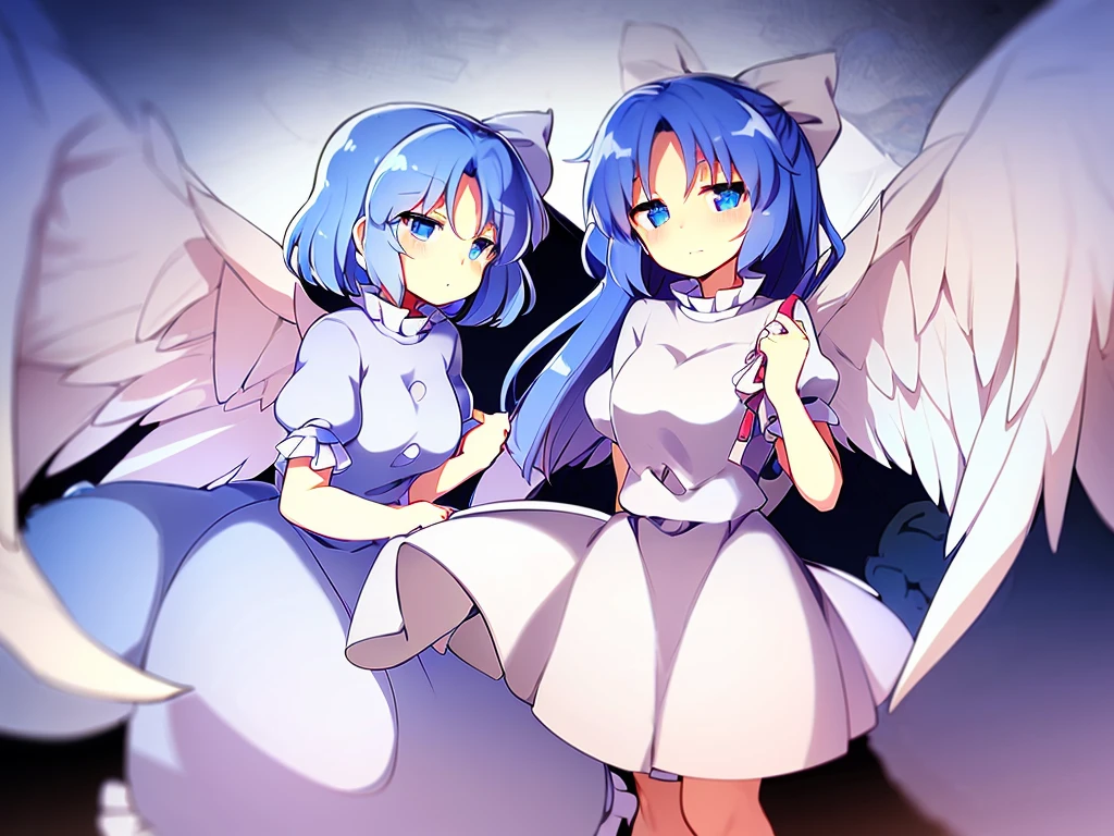 (best quality,4k,8k,highres,masterpiece:1.2), top-quality(masterpiece), top-quality, ultra-detailed, highly detailed texture, intricate details, high quality textures, A cute age angel with blue eyes, big pink ribbon in her hair, drawn in anime style, 1girl, (((1girl in))), , 10 y(loli))), ((child), medium blue hair, hair flaps, pink ribbon on head, well-formed face, Beautiful face, blue eyes, pretty eyes, angel girl, white blouse, puffy short sleeves, red ribbon, angel wings, long white skirt, red shoes, frills, ribbon head, A pair of angel wings on the back, clean line drawings, cute