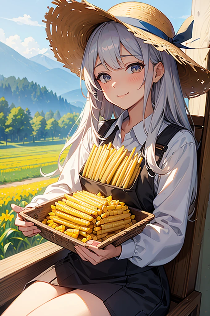 masterpiece, best quality, ultra detailed, 4K, no bad anatomy and fingers, beautiful young girl harvesting corn, 20-year-old beautiful girl in a long-sleeve work outfit and a straw hat, shiny hair and eyes, sweating, smiling, resembling Prinz Adalbert or Anchorage from Azur Lane, cornfield run by professional farmers in Shizuoka, delicious-looking corn, Alps mountains visible in the distance, anime style, layered watercolor painting, rustic, triangular composition, cinematic