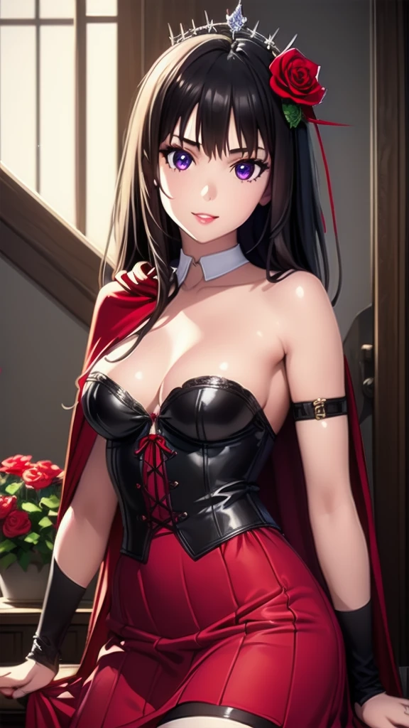 masterpiece, best quality, solo girl, black hair, violet eyes, long hair, medium breasts, sexy body and face, wavy hair, smile, parted lips, red lips, ribbon, crown of thorns, thorns, (red cape, dress flower), detached sleeves, hair flower, hair ornament, long sleeves, black corset, long skirt, red dress, rose, strapless dress, long skirt, thighhighs, thighlet, red nails, dress flower, black thighhighs, mksks style, beautiful background, orchestra, indoors, sexy pose, cowboy shots, sharp focus, ultra-detailed body, face, and eyes, vibrant, creative, dynamic, high definition, high resolution, 8k, (Upscale: R-ESRGAN 4x+ Anime6mage enchance:4x), voluptuous body, cinema lightning, looking at the viewer, (realistic:1.4), (beautiful detailed face, beautiful detailed eyes, volumetric lighting), 