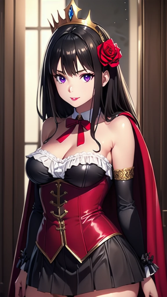 masterpiece, best quality, solo girl, black hair, violet eyes, long hair, medium breasts, sexy body and face, wavy hair, smile, parted lips, red lips, ribbon, crown of thorns, thorns, (red cape, dress flower), detached sleeves, hair flower, hair ornament, long sleeves, black corset, long skirt, red dress, rose, strapless dress, long skirt, thighhighs, thighlet, red nails, dress flower, black thighhighs, mksks style, beautiful background, orchestra, indoors, sexy pose, cowboy shots, sharp focus, ultra-detailed body, face, and eyes, vibrant, creative, dynamic, high definition, high resolution, 8k, (Upscale: R-ESRGAN 4x+ Anime6mage enchance:4x), voluptuous body, cinema lightning, looking at the viewer, (realistic:1.4), (beautiful detailed face, beautiful detailed eyes, volumetric lighting), 