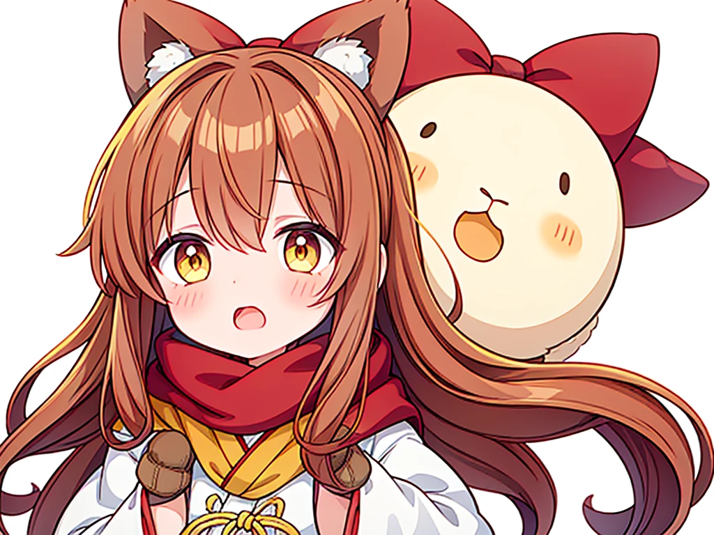 kilometres, 1 girl, comforter, blush, bow, Brown eyes, Brown hair, hair bow, fur tubes, japanese clothes, wide, mittens, non-traditional miko, one hour drawing challenge, Open mouth, portrait, red bow, red mittens, scarf, Side locks, simple background, Alone, White background, yellow comforter, yellow scarf