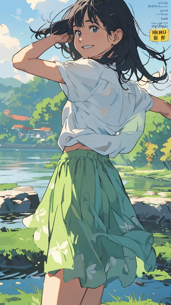 reasonable design, Clear lines, High Sharpness, (highest quality,8K,Perfect sharpness,Ultra fine,High resolution,masterpiece:1.2), Perfect Anatomy:1.5, Official Art, Illustrations that tell a story, (Whitish background:0. 9)、Body Positivity、More Mr.Physical expression、(Random and mischievous poses)、Perfect beauty、Perfect beautiful face、Strong winds、A rich expression、Dynamic composition、smile、Golden ratio composition、colorful、(Mr.Different angles and perspectives)、anime art、mini skirt、(Overcoming stereotypes)、 Glowing Skin、(Natural beauty)、smile、bangs、Straight Hair、(Soft and flowing hair)、(Rural Scenery)、(Nostalgic atmosphere)、Insert up to the thighs、(Playful and carefree)、(More Mr.Ethnic characters)、(innocent attitude)、(Sunny atmosphere)、Skirt flipped up、(Bright colors)、Belly button exposed、Beautiful Eyes、A skirt fluttering in the wind、Put it in to your feet、Some composition patterns、sensuous、Geometric pattern、emotional、Symposium cover、