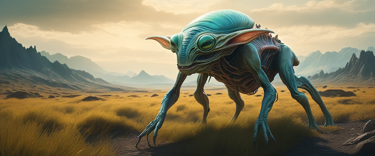 A bizarre alien grazing creature, extraterrestrial wildlife, large imaginative alien animal, detailed alien anatomy, intricate alien textures and patterns, cinematic lighting, fantasy landscape, dramatic composition, surreal color palette, highly detailed, 8K, photorealistic, masterpiece