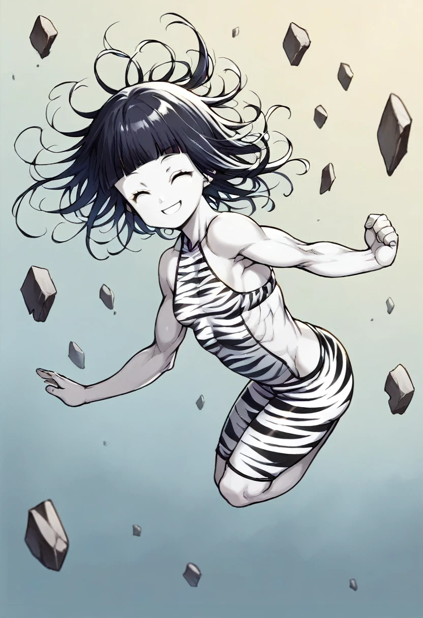 (He saw(dragon ball\), (high quality:1.8), (cheered up, tall woman, cowboy shot, angle view, ((Just a zebra print bikini and nothing else., Just a zebra print bikini and nothing else., almost naked, bare arms, bare arms, bare shoulders)), (wide shoulders, bare shoulders, small biceps), SMILE), (small breasts:1.5) ,(Tight neckline), open closed), (pose for the viewer, Broken arms), ((pale skin, small biceps)), ((dark blue, short hair, hime cut, loose hair, by the floating, by the floating), (bottom: simple white bottom only), (bottom: simple white bottom only), (bottom: simple white bottom only), (bottom: simple white bottom only), (bottom: simple white bottom only)(medium ass)