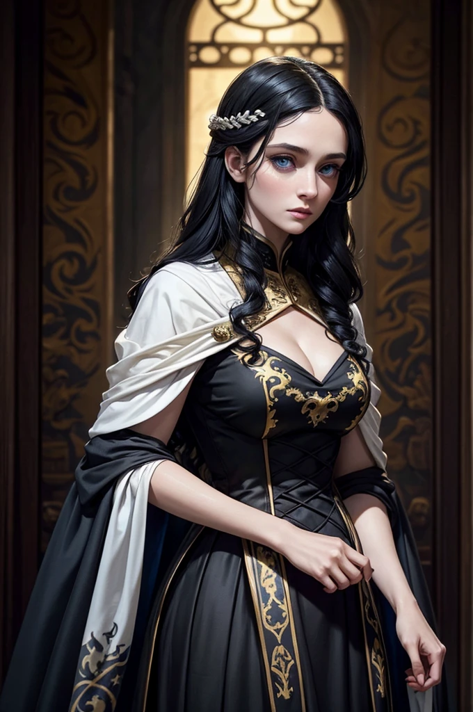 Beautiful noblewoman. Beautiful. House Baratheon. Black and yellow Dress. Long black hair curly and blue eyes. White skin. Dress sexy. Europan face. House Baratheon of Game of Thrones. Blue eyes. Look camara
