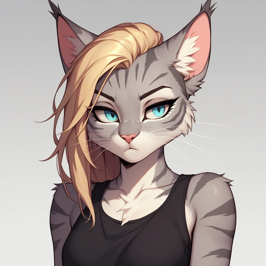 score_9,score_8_up,score_7_up, score_6_up, score_5_up, source_cartoon, flat colors, no shading, Kat, Anthro furry feline, silver fur, grey stripes on body, blue eyes, long blonde hair, undercut hair, pink nose, :3, wearing black tank top, exaggerated expression, upper body shot, closed mouth, eyes half open, jitome, expressionless, (looking to her left):2, cowboy shot, upper body shot, bored, simple white background,
