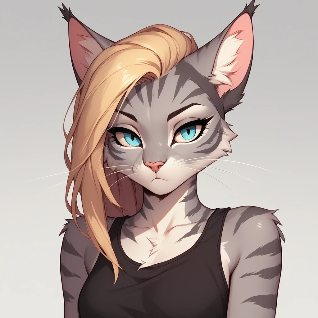 score_9,score_8_up,score_7_up, score_6_up, score_5_up, source_cartoon, flat colors, no shading, Kat, Anthro furry feline, silver fur, grey stripes on body, blue eyes, long blonde hair, undercut hair, pink nose, :3, wearing black tank top, exaggerated expression, upper body shot, closed mouth, eyes half open, jitome, expressionless, (looking to her left):2, cowboy shot, upper body shot, bored, simple white background,