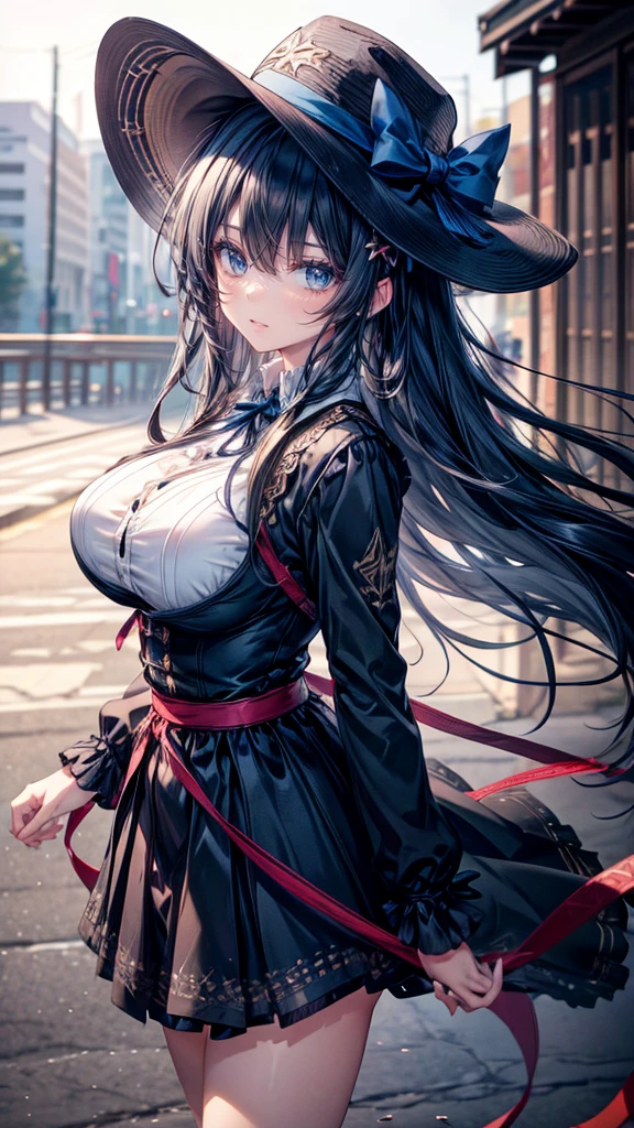 1girl, Long Hair, Black Hair, Ribbon, Blue eyes, Large breasts, Hair Between Eyes, Motion Blur, Depth Of Field, Cowboy ShotAnime, High Resolution, Masterpiece, High Quality, High Details, HD, Looking at viewer,