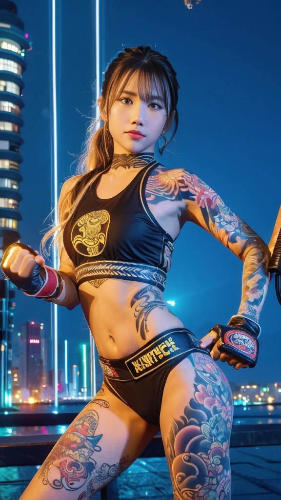 Beautiful Thai-Melanesian female, (16 years old), Mixed Martial Arts, (Navel baring, Everyday home clothes:1.3), Tank top, (MMA gloves), Fit, (Muscles:1.2), Athletic feminine body, Female fitness model body, Tokyo landmarks in the background, Masterpiece, Perfect lighting, Ultra high resolution, 8K, She is an exceptional MMA fighter, Hard toned feminine body, (Very long ponytail, Straight bangs:1.2), (Sexy smile for the camera), (Very sexy pose), (Kung fu fighter in fighting stance, Holding very large weapon in hand, Wearing very large weapon, Standing with very large weapon, Raising very large weapon:1.4), (Tattoos all over body, Japanese tattoos on 80% of body:1.4), Red lips, Red high heels, Necklace, Earrings, (Very detailed:1.4), Front view, Looking at camera, Thoughtful expression, (Tokyo city, Many people in background),