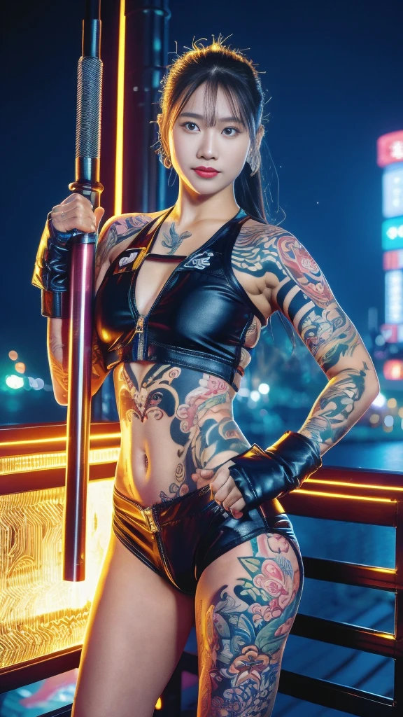 Beautiful Thai-Melanesian female, (16 years old), Mixed Martial Arts, (Navel baring, Everyday home clothes:1.3), Tank top, (MMA gloves), Fit, (Muscles:1.2), Athletic feminine body, Female fitness model body, Tokyo landmarks in the background, Masterpiece, Perfect lighting, Ultra high resolution, 8K, She is an exceptional MMA fighter, Hard toned feminine body, (Very long ponytail, Straight bangs:1.2), (Sexy smile for the camera), (Very sexy pose), (Kung fu fighter in fighting stance, Holding very large weapon in hand, Wearing very large weapon, Standing with very large weapon, Raising very large weapon:1.4), (Tattoos all over body, Japanese tattoos on 80% of body:1.4), Red lips, Red high heels, Necklace, Earrings, (Very detailed:1.4), Front view, Looking at camera, Thoughtful expression, (Tokyo city, Many people in background),