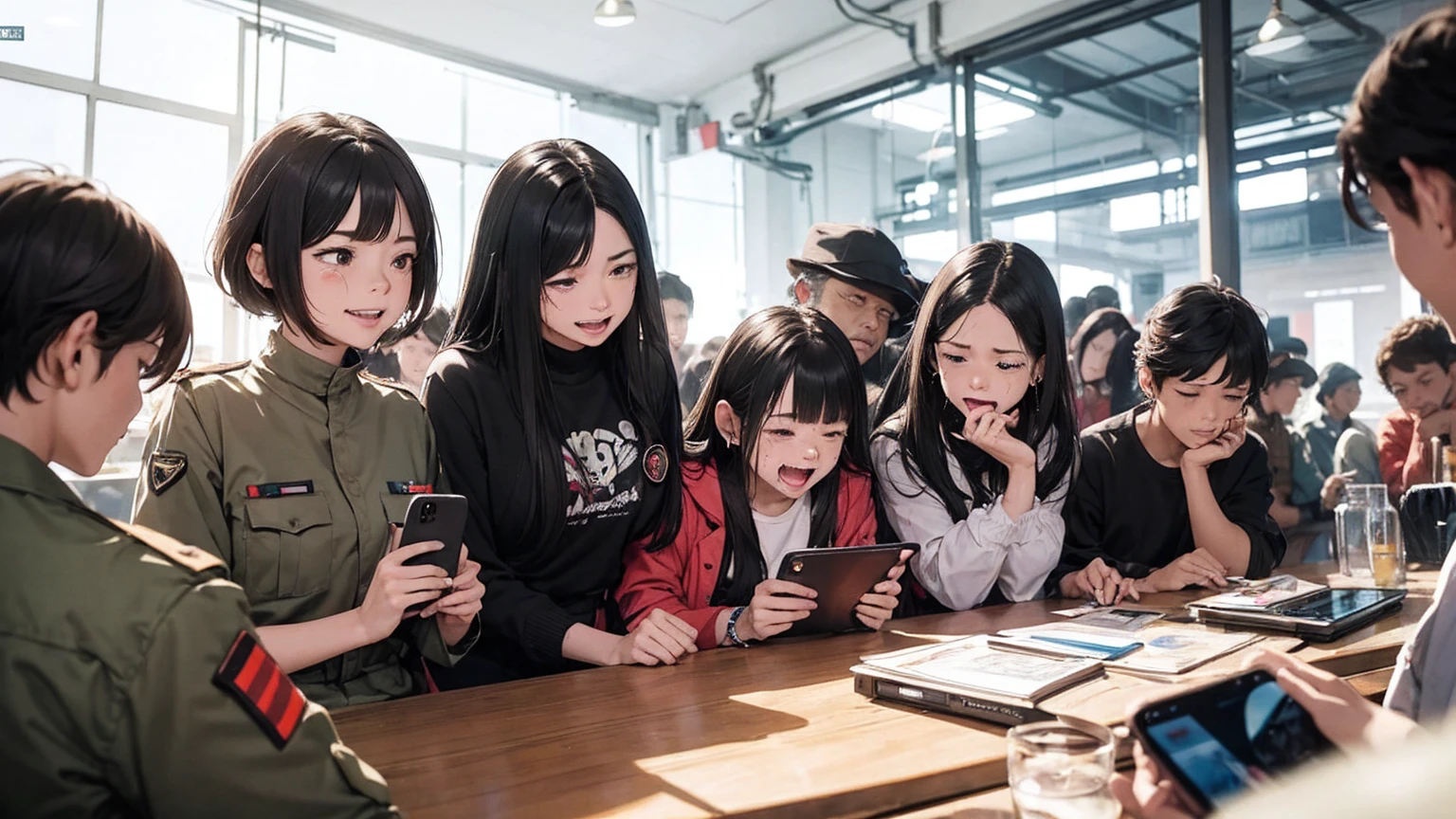 A vibrant scene of a troop of monkeys, aliens, and humans enjoying social media. While looking at their phones, a variety of emotions are expressed: some are crying, some are angry, some are making money, and some are laughing. The background is pure white.