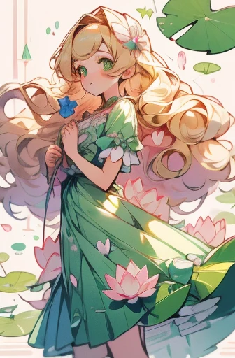 A cute anime girl, medium-length blonde hair, wavy hair, side bangs, green eyes, pastel waterlily-inspired outfit, coquette, lily pads, pink waterlilies, detailed outfit, girly dress, bows, coquette, pink and green dress