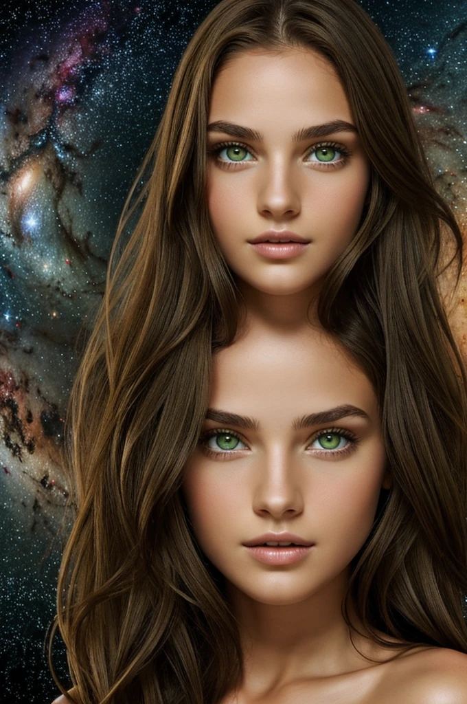 Naked girl with olive green eyes and long brown hair on galaxy background