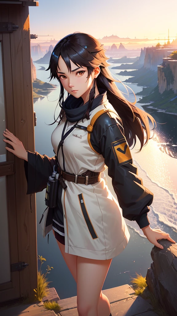 A beautiful detailed anime girl with long black hair and deep brown eyes, standing in front of a serene sunset landscape, serious expression, art style of Artgerm and Atey Ghailan, inspired by the works of Makoto Shinkai and Cyril Rolando, guweiz-esque artwork, 8K resolution, by Krenz Cushart and Artgerm, Makoto Shinkai (Apex Legends)