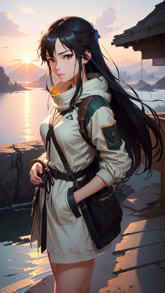 A beautiful detailed anime girl with long black hair and deep brown eyes, standing in front of a serene sunset landscape, serious expression, art style of Artgerm and Atey Ghailan, inspired by the works of Makoto Shinkai and Cyril Rolando, guweiz-esque artwork, 8K resolution, by Krenz Cushart and Artgerm, Makoto Shinkai (Apex Legends)