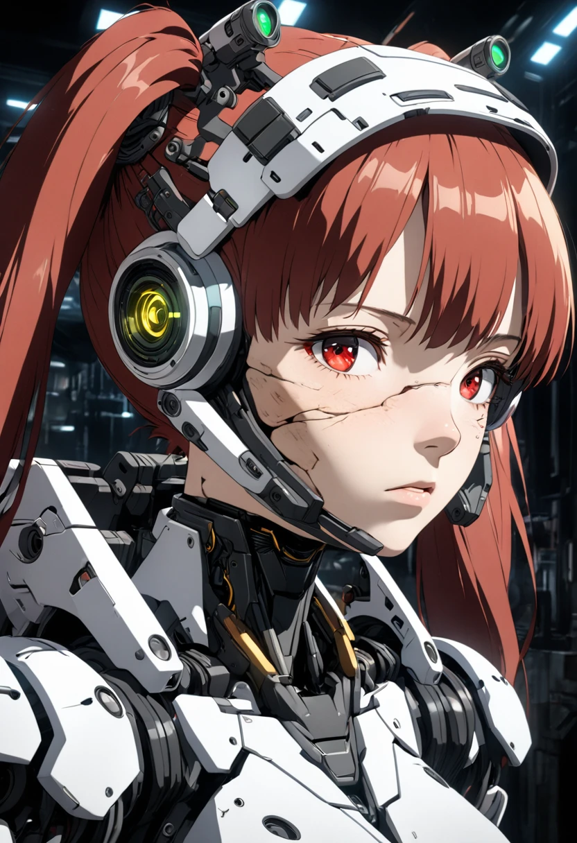 3D digital art from the fantasy world, 1girl, robot girl, red hair, twin tails, red eyes, white and gray camouflage clothing, she wearing flashy robot armor, holding an urban camouflage long range rifle, a robot-like helmet on the head, scouter in one eye, the skin on half of the face has peeled off, the base of the cyborg is visible, face full of scars, close up face, shot from an angle,High resolution, high precision images, 4k, 8k, best quality, hyper-detailed,  intricate details, cinematic lighting, dramatic colors, concept art style