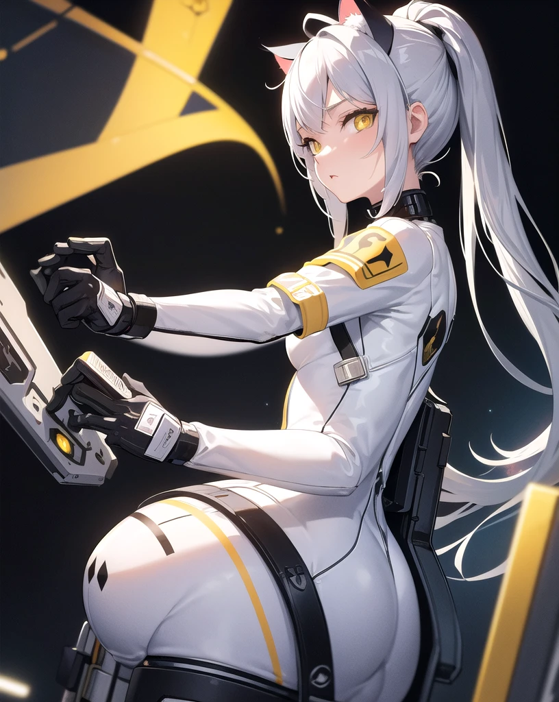 masterpiece, best quality, 1girl, spacecraft interior, spacesuit, upper body, from side, science fiction, yellow eyes, twintails, silver hair, cat ears, looking at viewer,