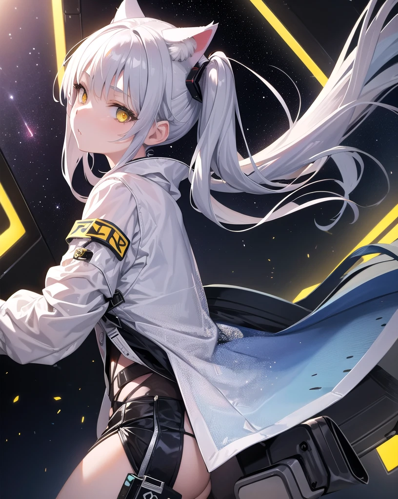 masterpiece, best quality, 1girl, spacecraft interior, spacesuit, upper body, from side, science fiction, yellow eyes, twintails, silver hair, cat ears, looking at viewer,