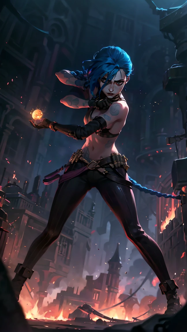 (masterpiece, Best quality), 1 girl, portrait, very sexy, crazy look, smile, crying, pink tears, tears on the cheeks, tears from eyes, full length (full body 1.1.), очень feminine, fighting stance, battle, fire, explosions, burning city, beautiful waist, gloomy composition, flame, fire, Flash, very beautiful, feminine, long hair, hair braided in long braids, very sexy, tight leather pants, emphasis on the eyes, emphasis on the face, Beautiful face, hands, hair, haired ponytail, red purple eyes, Джинкс crying, Blue cloud tattoo, (masterpiece, Best quality), Side lighting, beautiful detailed eyes, crazy face), (Best quality), (masterpiece), magic photography, Spectacular lighting, photorealism, ultra detailed, интимная portraitная композиция, 1. 4,8 K UHD, aesthetic, Cd., a high resolution, 8 K, Better lighting, Best shade, Ultra-HD, a high resolution, Sharp Focus, complex background, cinematic lighting, ((Landscape view)), 4K block, (Better lighting), ((cinematic lighting)),