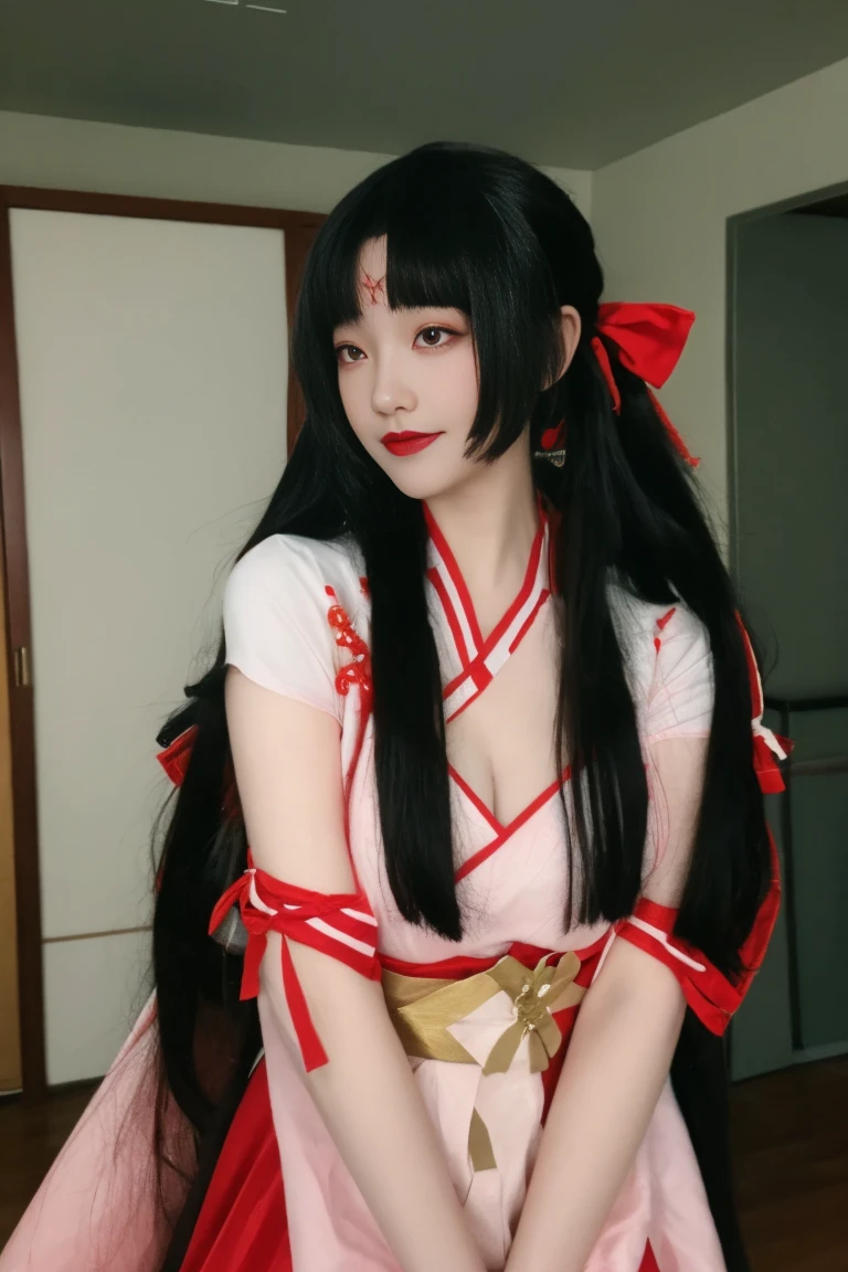 best quality, tmasterpiece,Ultra-high resolution,Clear face,(Reality:1.4),ferpect lighting,(upper body:1.3), (photorealistic:1.50), anime wallpaper, Guviz style artwork, cover-up fantasy up to magic , by Yang J, Guviz, beautiful artwork illustration, beautiful digital artwork, beautiful digital illustration, Li Song, beautiful anime portrait, art style in Beauvot, 1girl, 独奏, long hair, (twintails:1.5), hair ribbon, (black hair:1.5), bangs, (purple eyes), double eyelids, blush, Red cheeks, Sleeveless, white dress, (Hanfu), (Chinese dress), (medium breast:1.5), shagging breasts, Cleavage, indoor, room, (standing), (looking at viwer), smile,