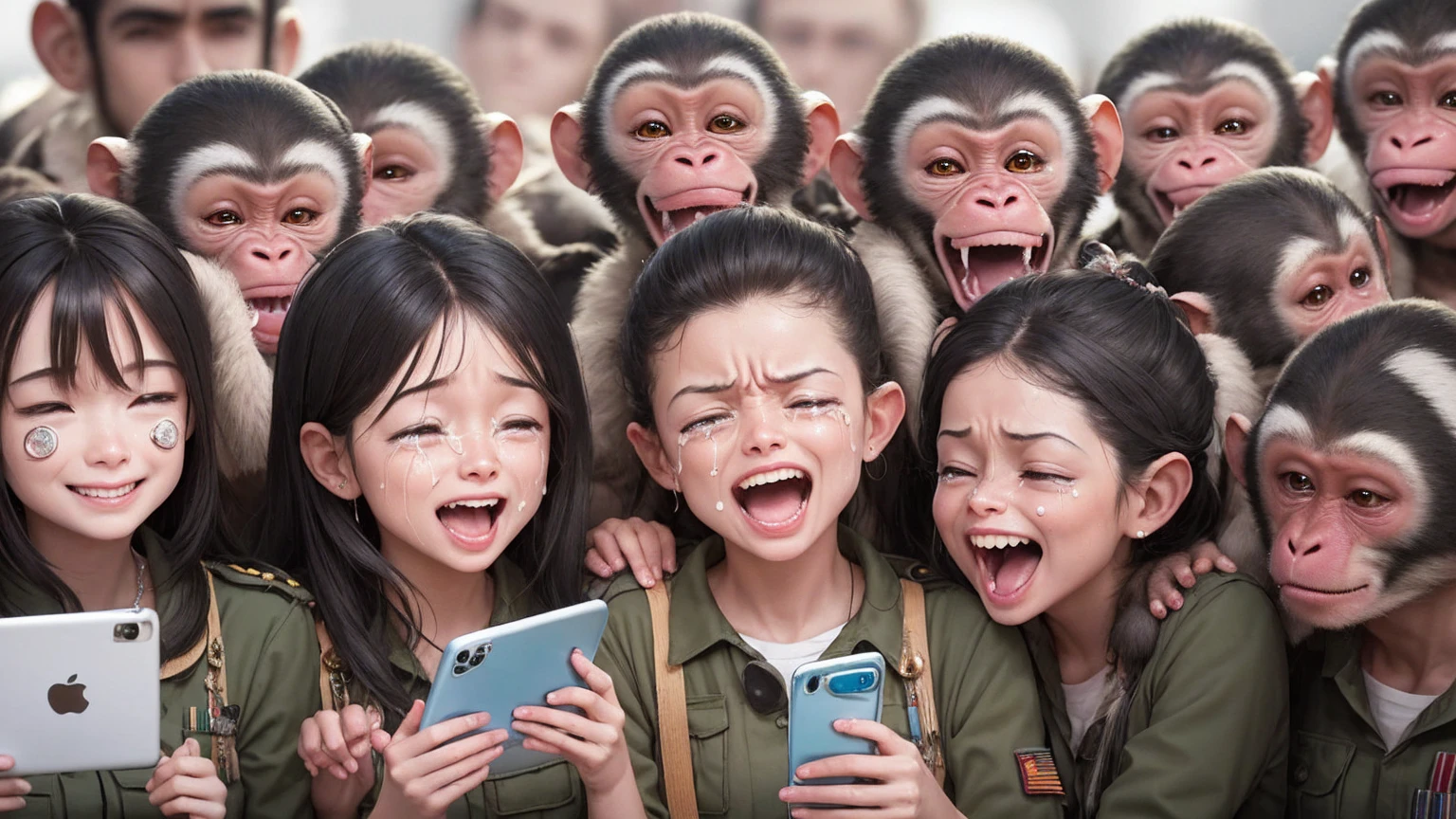 A vibrant scene of a troop of monkeys, aliens, and humans enjoying social media. While looking at their phones, a variety of emotions are expressed: some are crying, some are angry, some are making money, and some are laughing. The background is pure white.