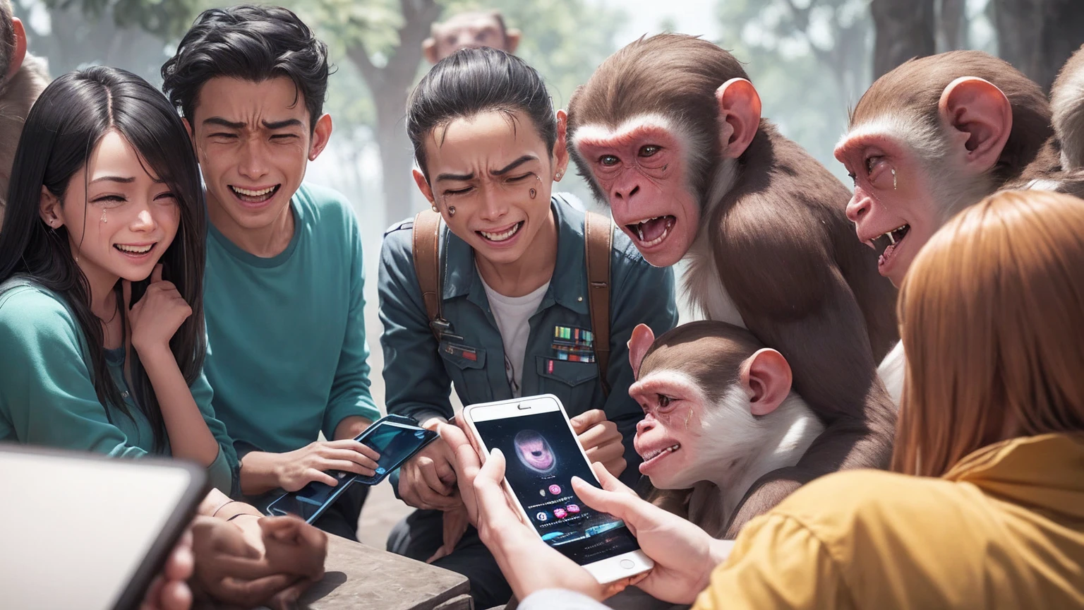 A vibrant scene of a troop of monkeys, aliens, and humans enjoying social media. While looking at their phones, a variety of emotions are expressed: some are crying, some are angry, some are making money, and some are laughing. The background is pure white.