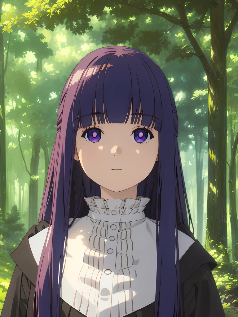 best quality, masterpiece, highres, solo, (fern_sousounofrieren:1.10), 1girl, closed mouth, forest, outdoors, tree, expressionless, looking at viewer, frilled collar, dress, upper body, portrait, anime_style, 6 