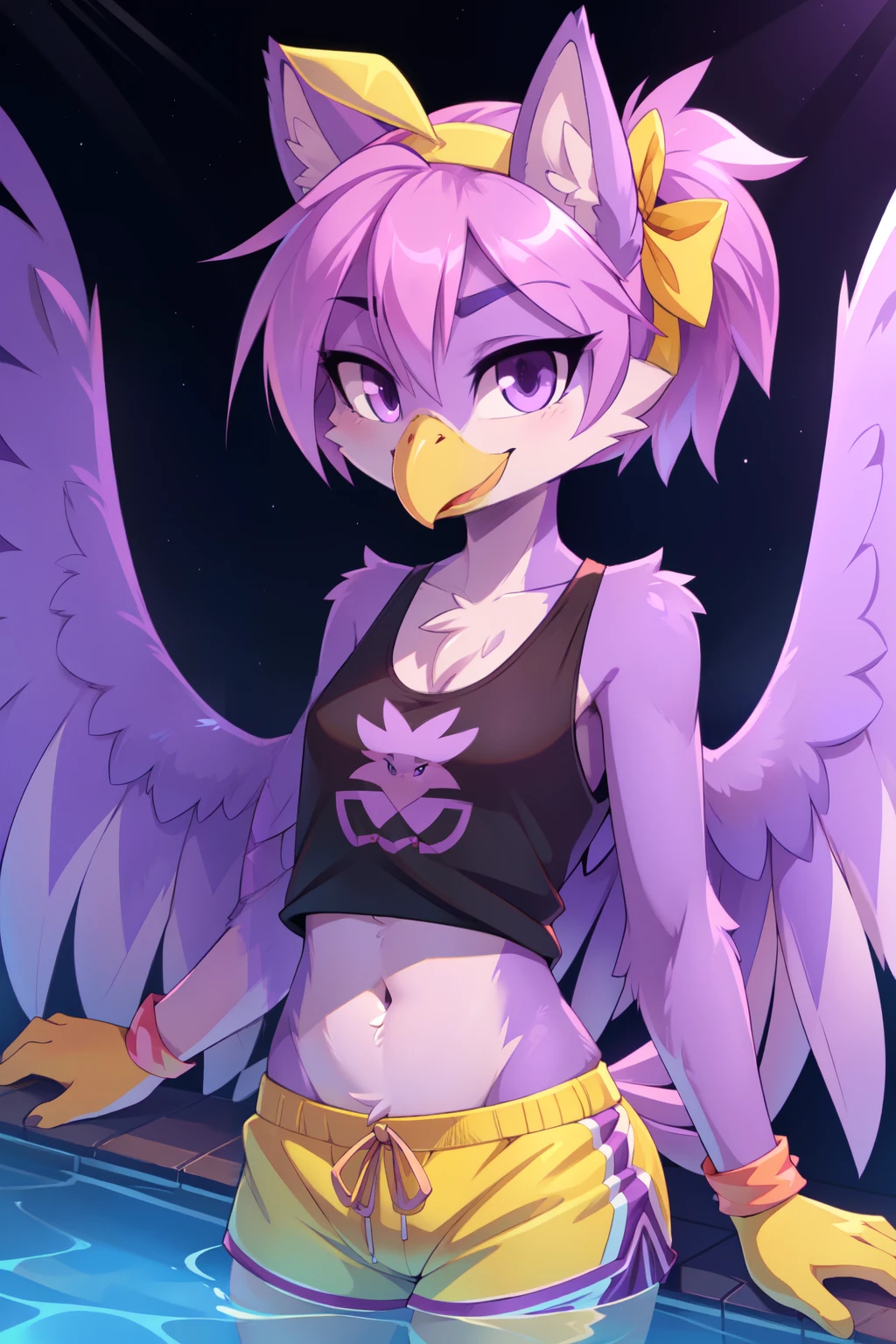 score_9,score_8_up,score_7_up, source_cartoon, source_furry, Furry girl, bird, yellow bird beak, lilac hair, short spiky hairstyle, short spiky ponytail, anime style, small breasts, purple eyes, big eyebrows, ((yellow headband with ribbon, black tank top, midriff, pink swim trunks)), high quality, detailed body, detailed eyes, detailed face, masterpiece, glistening body, detailed body fur, best quality, clear purple body fur, skinny, back avian wings, avian, detailed hands, perfect lighting, perfect shadows, perfect eyes, perfect hair, perfect face, gorgeous body,