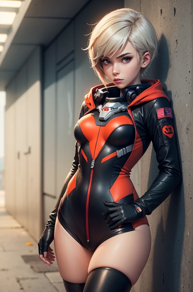 Create a female prop with short hair for the game Overwatch in which she is a space traveler with clothes inspired by the EVA pilots from the anime Neon Genesis Evangelion, in a more sombre black and red tight costume with an overcoat and hood, in which she lives in the shadows hiding her identity, living just for under your beliefs. Make her in a pose leaning against a wall. Make the image in a full-body, hand-drawn style