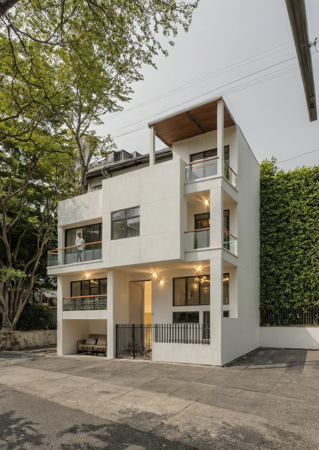 Raw photo, Masterpiece, high quality, best quality, authentic, super detail, architecture, house, outdoors, style modern, minimalist line, wooden, white paint wall, japan style, wasabi style, Jen style, steel stair, glass railing, paint wall decor, tree, street