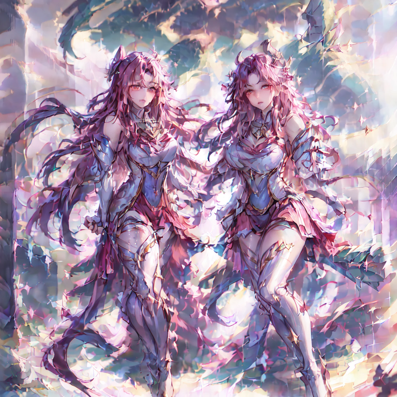 photorrealistic, high resolution, 1 women, mature woman, standing alone, hips up,purples eyes, cuddly, Star Guardian (League of Legends), pink  hair, mitts, long hair, thicc thighs, overskirt, elbow mitts, hand on hip, bared shoulders, standing alone, wings, white mitts, breastsout, pink eyes, bangss,  magic, hair ornament